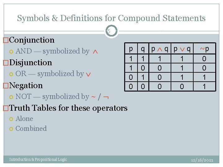 Symbols & Definitions for Compound Statements 5 �Conjunction AND — symbolized by �Disjunction OR
