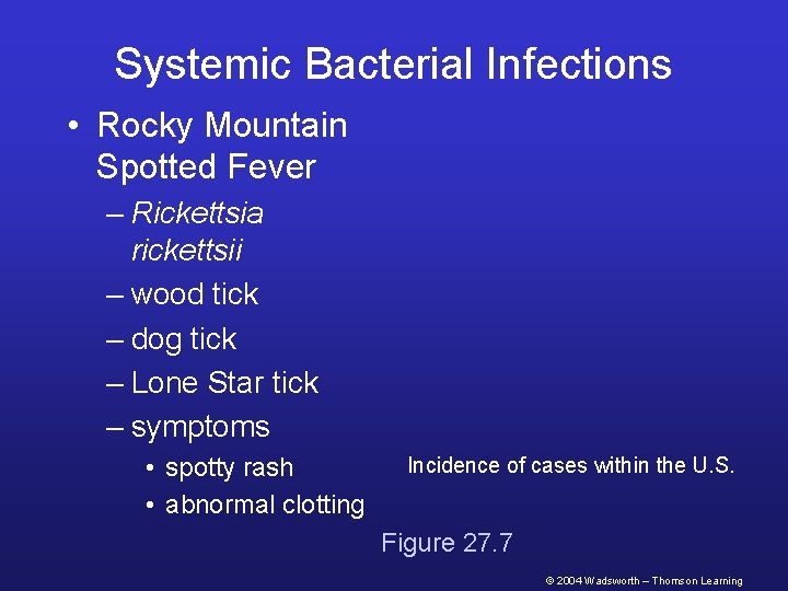 Systemic Bacterial Infections • Rocky Mountain Spotted Fever – Rickettsia rickettsii – wood tick