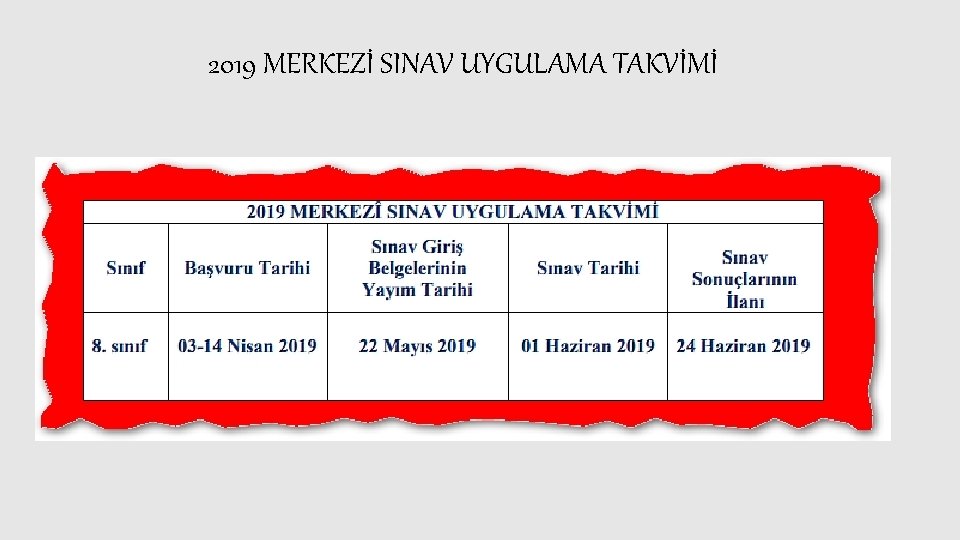 2019 MERKEZİ SINAV UYGULAMA TAKVİMİ 