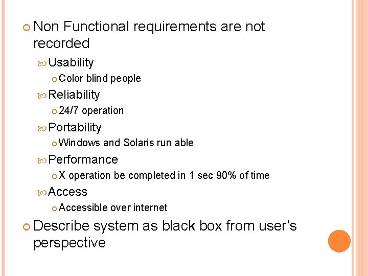  Non Functional requirements are not recorded Usability Color blind people Reliability 24/7 operation