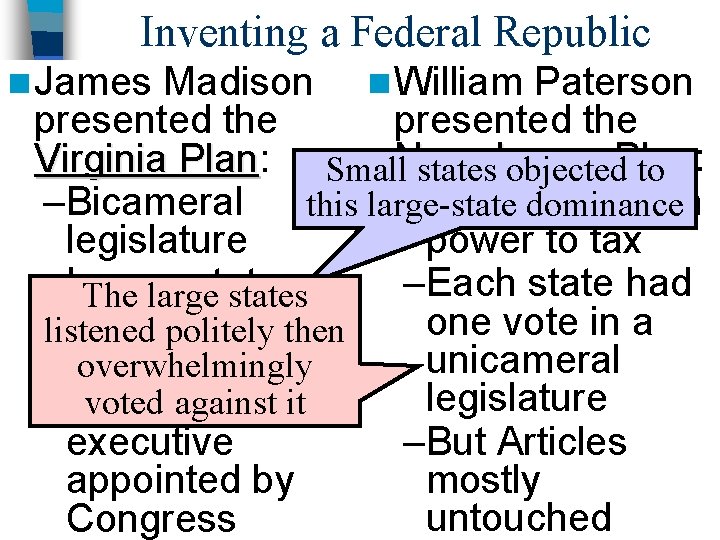 Inventing a Federal Republic Madison n William Paterson presented the Virginia Plan: Plan Small.