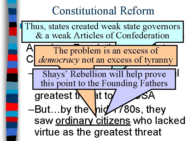 Constitutional Reform n. Thus, American political ideology states created weak state governors & a