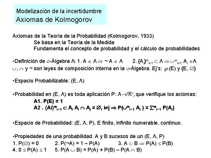 Modelización de la incertidumbre Axiomas de Kolmogorov Axiomas de la Teoría de la Probabilidad