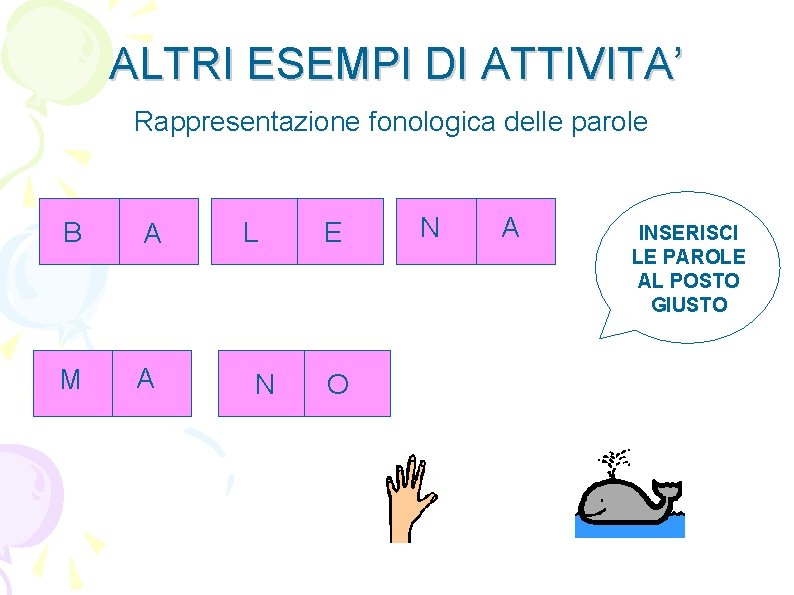 ALTRI ESEMPI DI ATTIVITA’ Rappresentazione fonologica delle parole B A M A L N