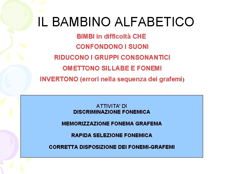 IL BAMBINO ALFABETICO BIMBI in difficoltà CHE CONFONDONO I SUONI RIDUCONO I GRUPPI CONSONANTICI