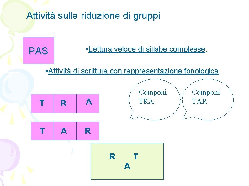 Attività sulla riduzione di gruppi • Lettura veloce di sillabe complesse. PAS TRA TAR