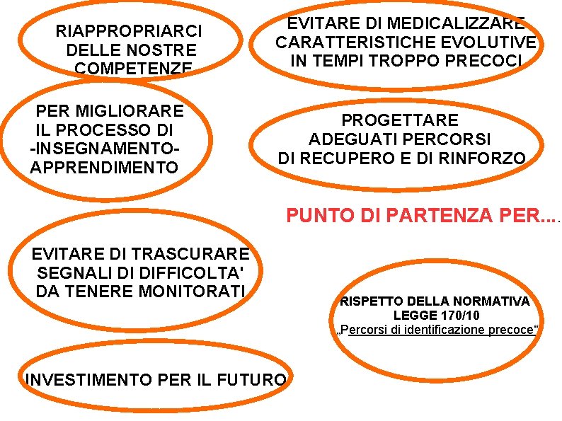 RIAPPROPRIARCI DELLE NOSTRE COMPETENZE PER MIGLIORARE IL PROCESSO DI -INSEGNAMENTOAPPRENDIMENTO EVITARE DI MEDICALIZZARE CARATTERISTICHE