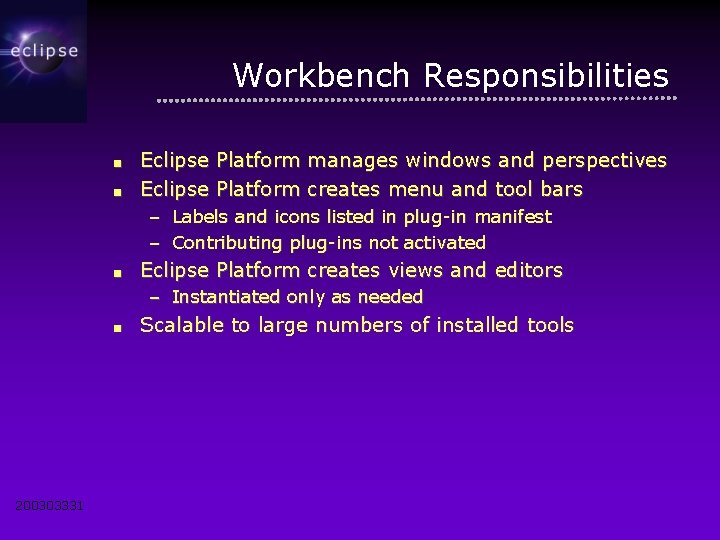 Workbench Responsibilities ■ ■ Eclipse Platform manages windows and perspectives Eclipse Platform creates menu