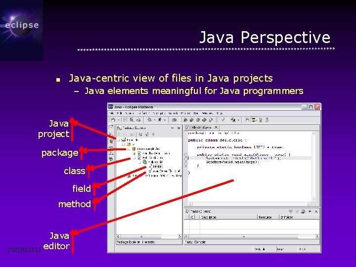 Java Perspective Java-centric view of files in Java projects ■ – Java elements meaningful
