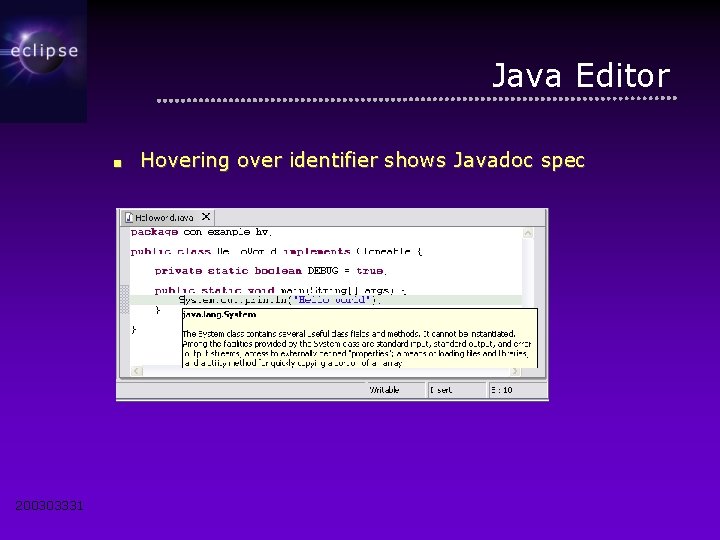 Java Editor ■ 200303331 Hovering over identifier shows Javadoc spec 