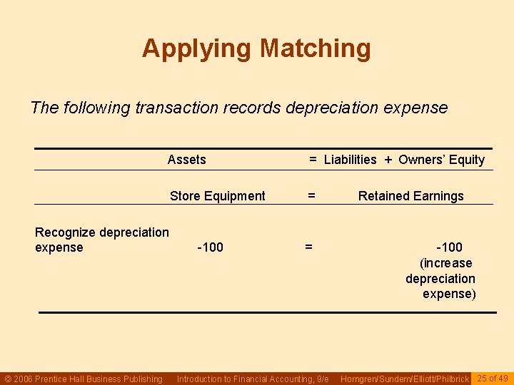 Applying Matching The following transaction records depreciation expense Assets = Liabilities + Owners’ Equity