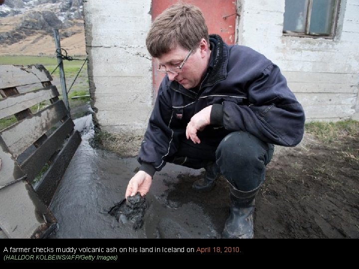 A farmer checks muddy volcanic ash on his land in Iceland on April 18,