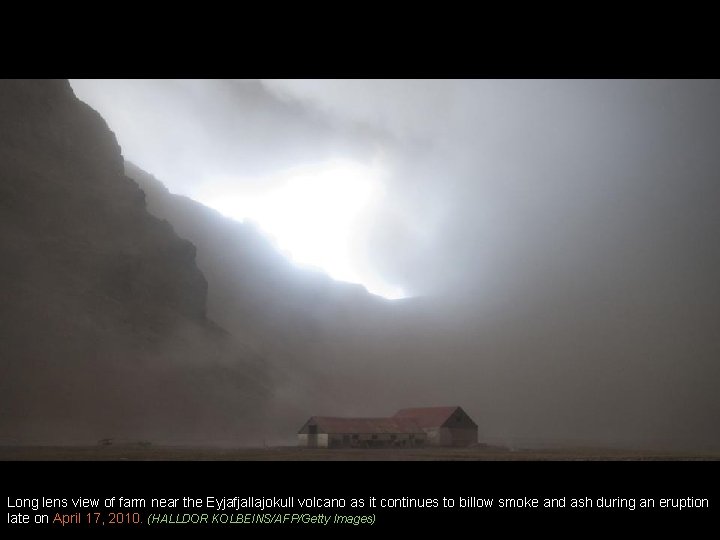 Long lens view of farm near the Eyjafjallajokull volcano as it continues to billow