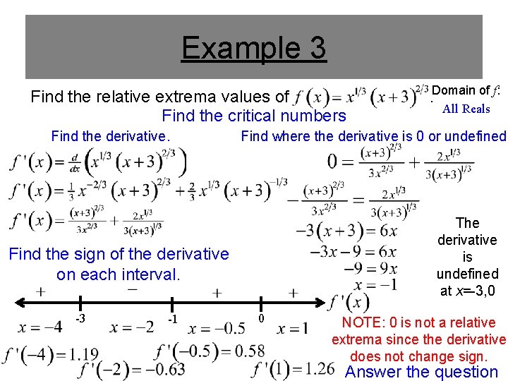 Example 3 Find the relative extrema values of Find the critical numbers Find the