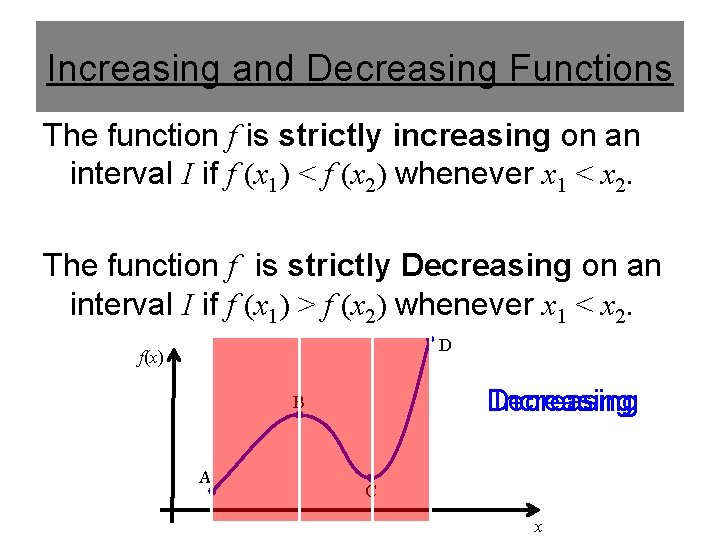 Increasing and Decreasing Functions The function f is strictly increasing on an interval I