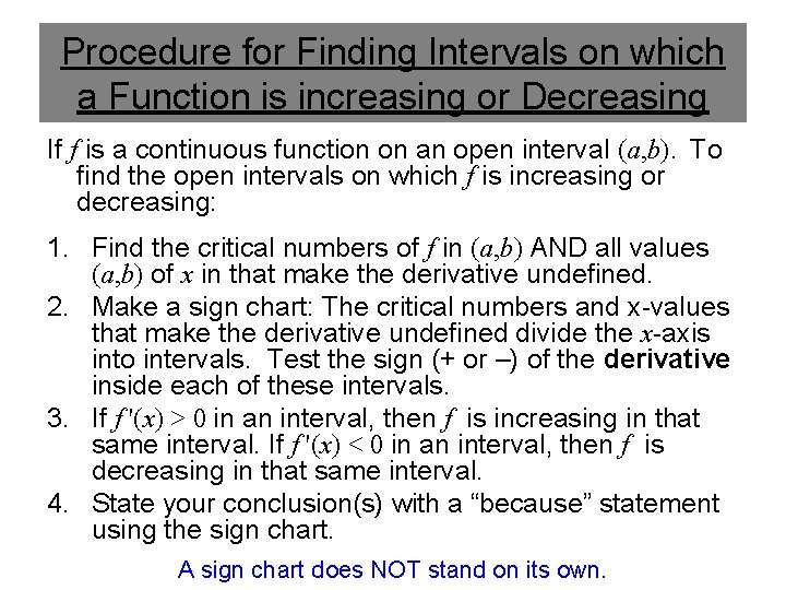 Procedure for Finding Intervals on which a Function is increasing or Decreasing If f