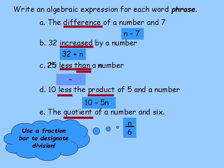 Write an algebraic expression for each word phrase. a. The difference of a number