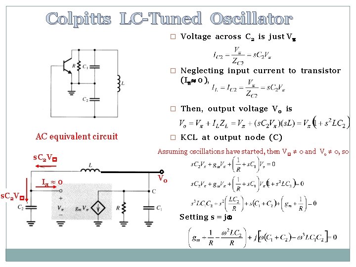 Colpitts LC-Tuned Oscillator � Voltage across C 2 is just V � Neglecting input