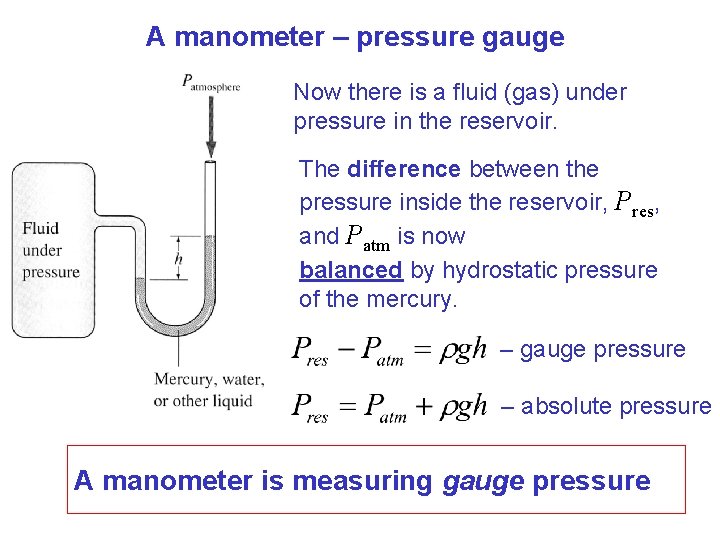 A manometer – pressure gauge Now there is a fluid (gas) under pressure in A manometer – pressure gauge Now there is a fluid (gas) under pressure in