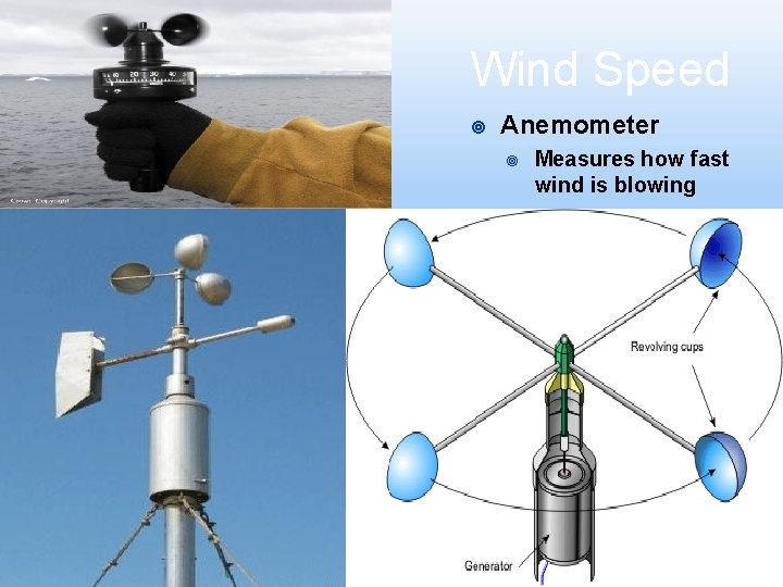 Wind Speed ¥ Anemometer ¥ Measures how fast wind is blowing 