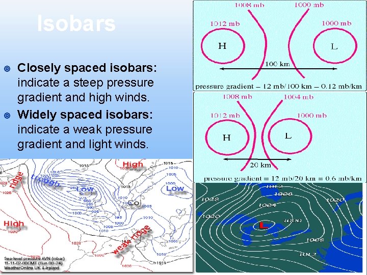 Isobars ¥ ¥ Closely spaced isobars: indicate a steep pressure gradient and high winds.