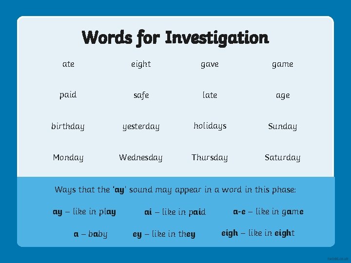 Words for Investigation ate eight gave game paid safe late age birthday yesterday holidays