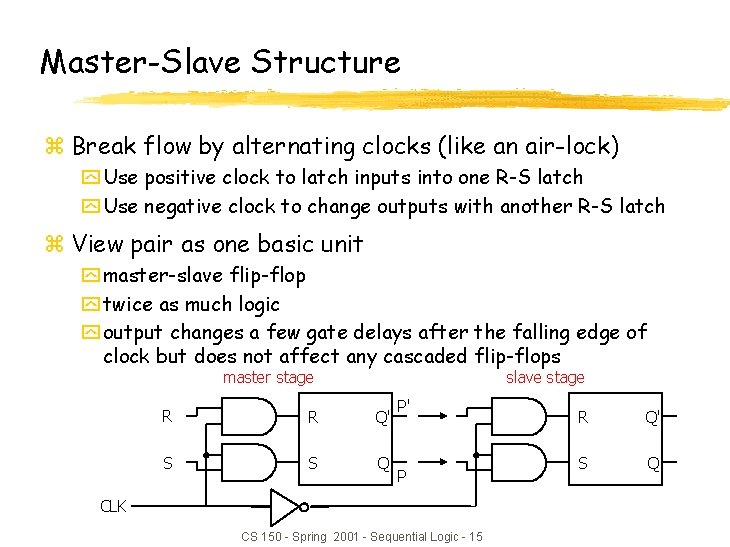Master-Slave Structure z Break flow by alternating clocks (like an air-lock) y Use positive