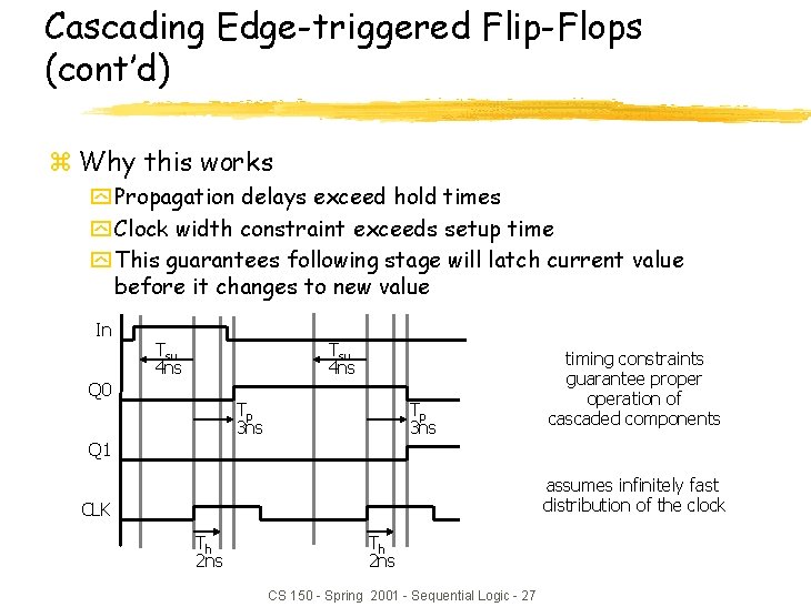 Cascading Edge-triggered Flip-Flops (cont’d) z Why this works y Propagation delays exceed hold times