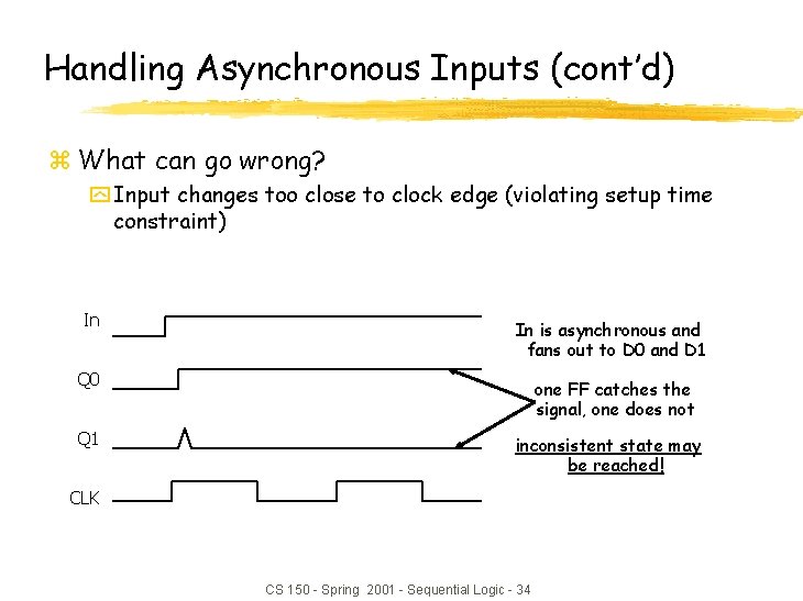 Handling Asynchronous Inputs (cont’d) z What can go wrong? y Input changes too close