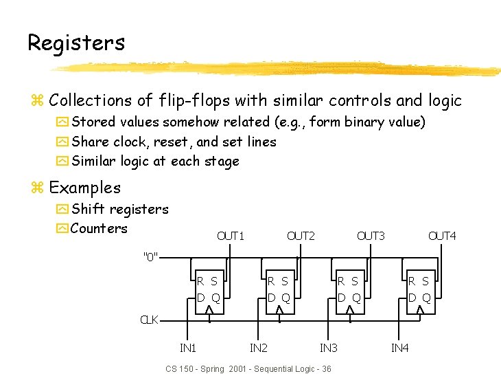 Registers z Collections of flip-flops with similar controls and logic y Stored values somehow