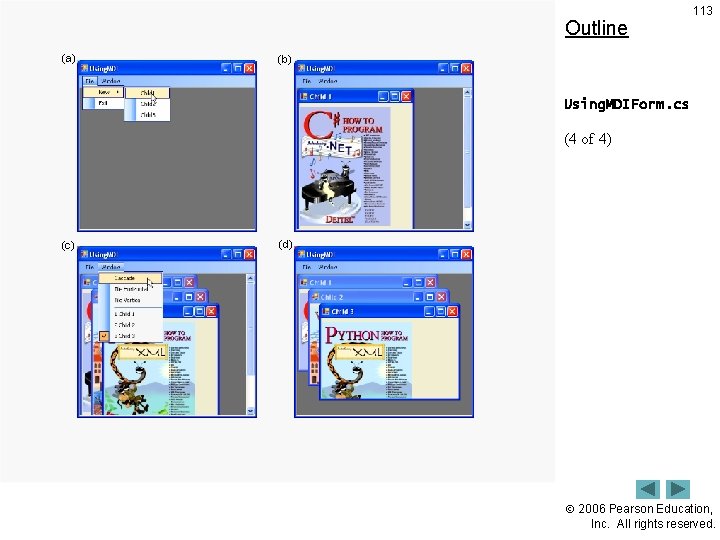 Outline (a) 113 (b) Using. MDIForm. cs (4 of 4) (c) (d) 2006 Pearson