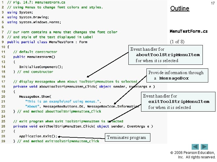 Outline 17 Menu. Test. Form. cs (1 of 8) Event handler for about. Tool.