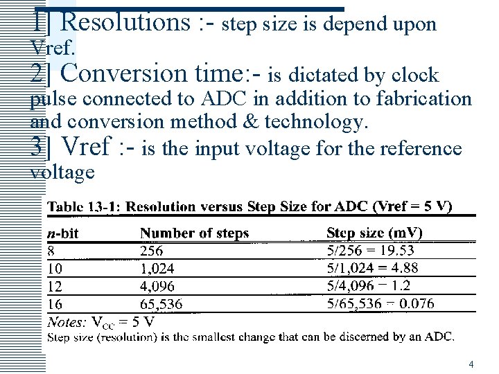 1] Resolutions : - step size is depend upon Vref. 2] Conversion time: -