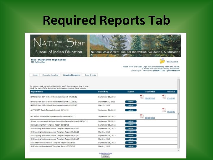 Required Reports Tab 
