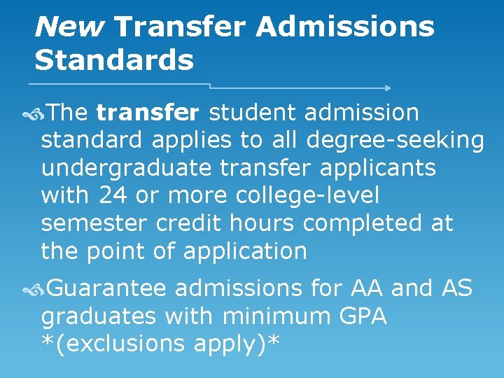 New Transfer Admissions Standards The transfer student admission standard applies to all degree-seeking undergraduate
