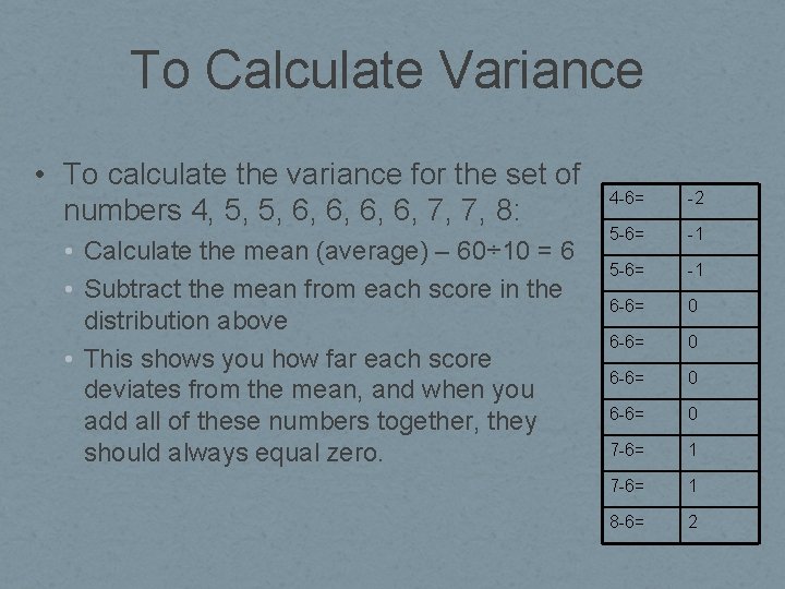 To Calculate Variance • To calculate the variance for the set of numbers 4, To Calculate Variance • To calculate the variance for the set of numbers 4,