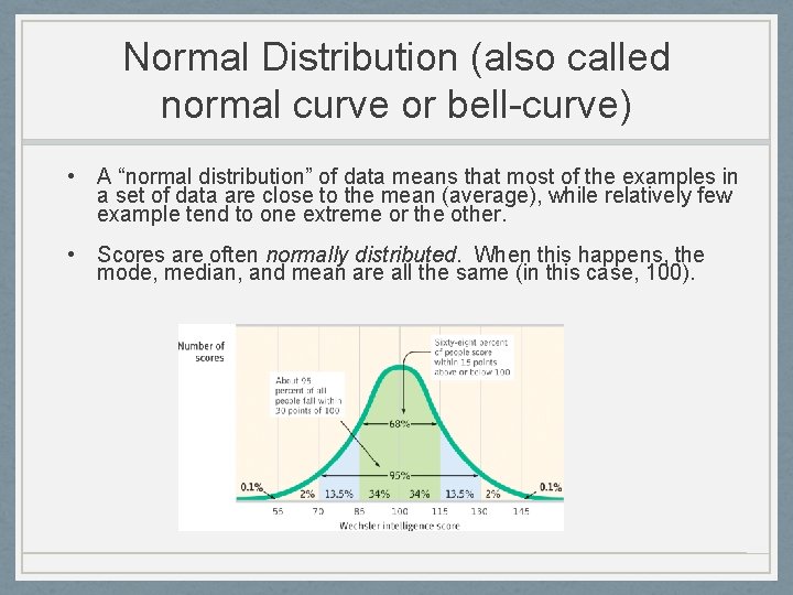 Normal Distribution (also called normal curve or bell-curve) • A “normal distribution” of data Normal Distribution (also called normal curve or bell-curve) • A “normal distribution” of data