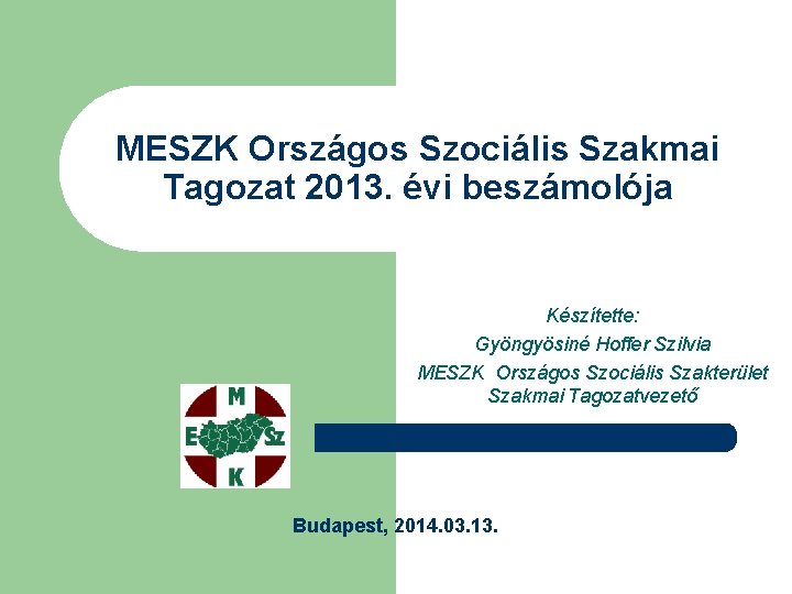 MESZK Országos Szociális Szakmai Tagozat 2013. évi beszámolója Készítette: Gyöngyösiné Hoffer Szilvia MESZK Országos