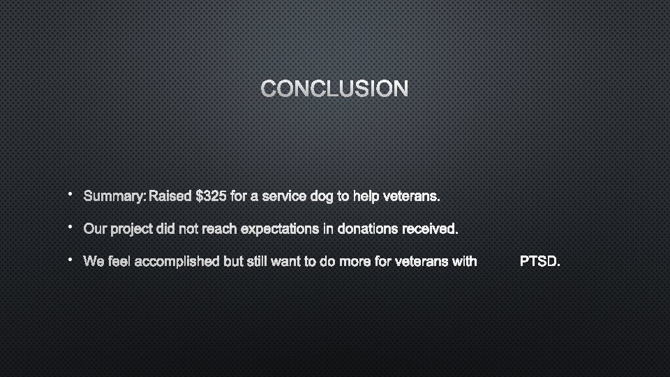 CONCLUSION • SUMMARY: RAISED $325 FOR A SERVICE DOG TO HELP VETERANS. • OUR