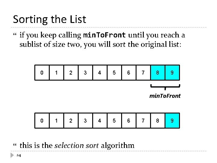 Sorting the List if you keep calling min. To. Front until you reach a