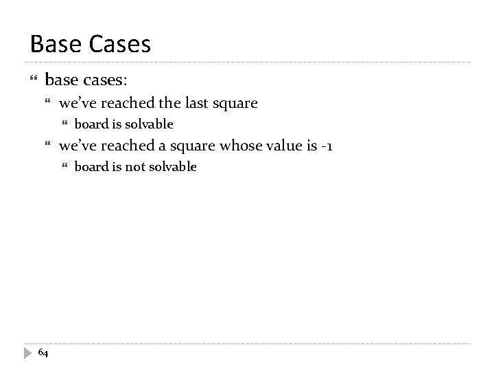 Base Cases base cases: we’ve reached the last square we’ve reached a square whose