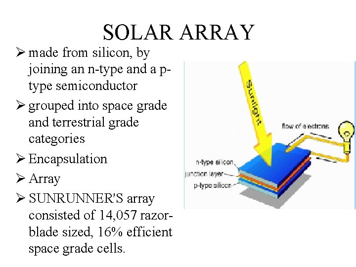SOLAR ARRAY Ø made from silicon, by joining an n-type and a ptype semiconductor