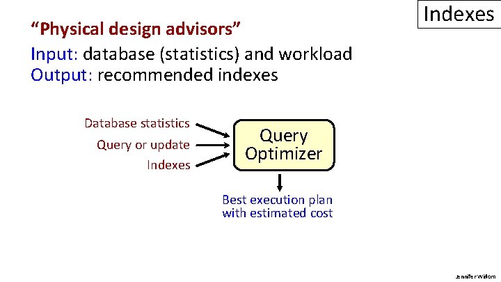 “Physical design advisors” Input: database (statistics) and workload Output: recommended indexes Database statistics Query