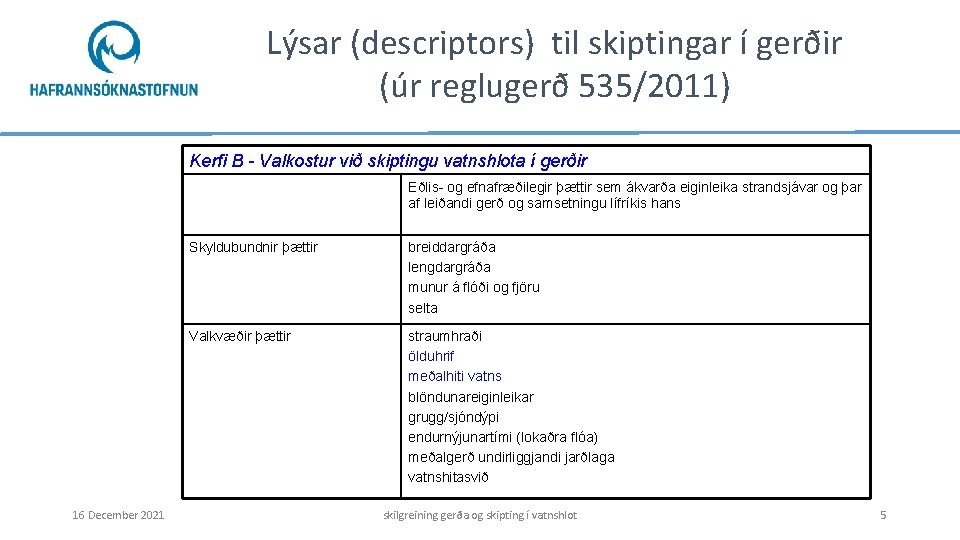 Lýsar (descriptors) til skiptingar í gerðir (úr reglugerð 535/2011) Kerfi B - Valkostur við