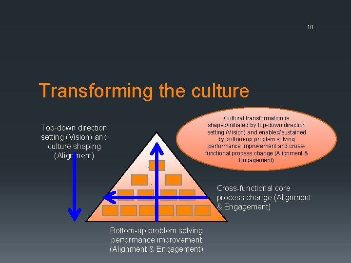 18 Transforming the culture Cultural transformation is shaped/initiated by top-down direction setting (Vision) and