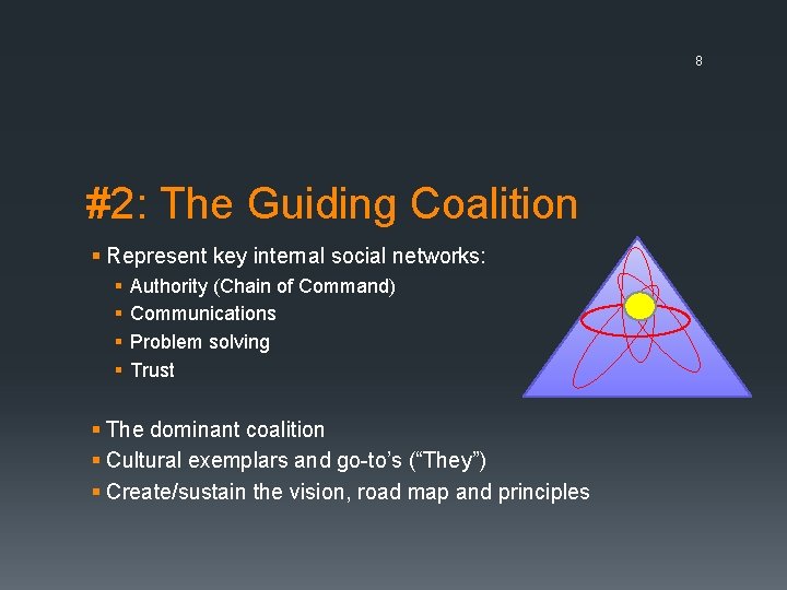 8 #2: The Guiding Coalition § Represent key internal social networks: § § Authority