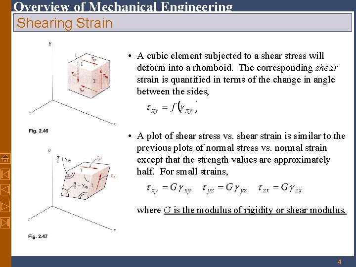 Overview of Mechanical Engineering Shearing Strain • A cubic element subjected to a shear