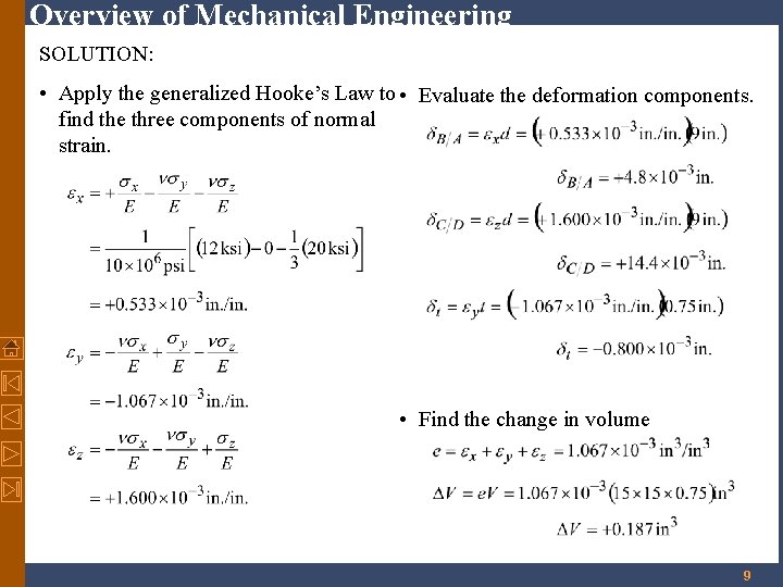 Overview of Mechanical Engineering SOLUTION: • Apply the generalized Hooke’s Law to • Evaluate