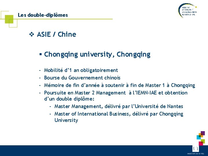 Les double-diplômes v ASIE / Chine § Chongqing university, Chongqing ‐ ‐ Mobilité d’