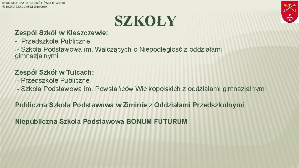 STAN REALIZACJI ZADAŃ OŚWIATOWYCH W ROKU SZKOLNYM 2018/2019 SZKOŁY Zespół Szkół w Kleszczewie: -